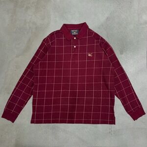 American Living Mens XL Long Sleeve Polo Shirt Burgundy Windowpane Check Cotton